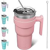 BJPKPK Tumbler With Handle 30 oz Tumbler With Lid And Straw Reusable Stainless Steel Travel Mug Insulated Coffee Cups,Light Pink