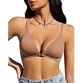 WOWENY Push Up Bra Front Closure Bras for Women No Underwire Padded Bralette Seamless Low Cut V-Neck Lightweight T-Shirts Bra