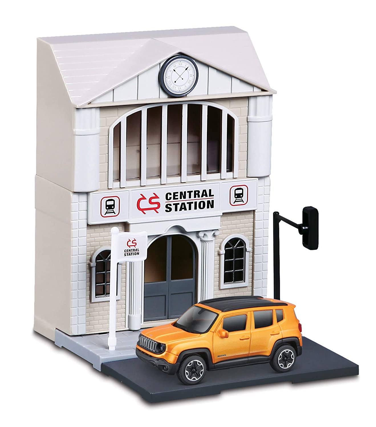 Bburago STREET FIRE CITY TRAIN STATION Playset with a Die-Cast Jeep Renegade SUV