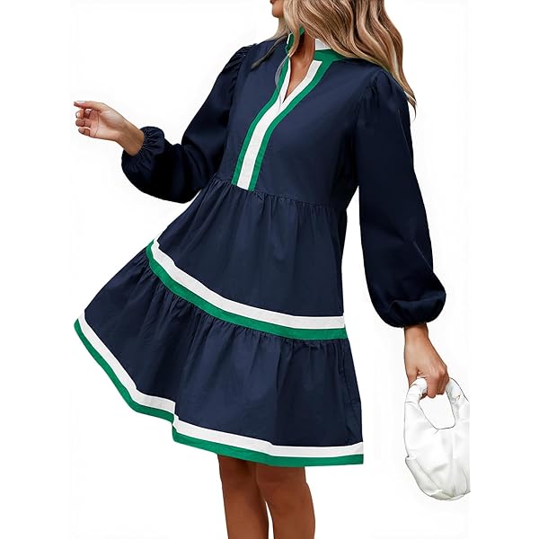 LifeShe Women Puff Sleeve Babydoll Dress V Neck Navy Blue Striped Color  Block Tiered Mini Dresses at Amazon Women's Clothing store