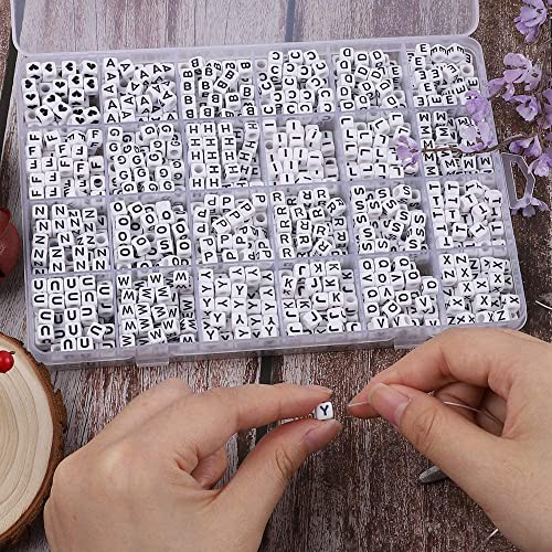 Quefe 1440pcs Acrylic Letter Beads White Cube Sorted Alphabet Beads for Jewelry Making, Bracelets, Necklaces, Key Chains (6 x 6mm)