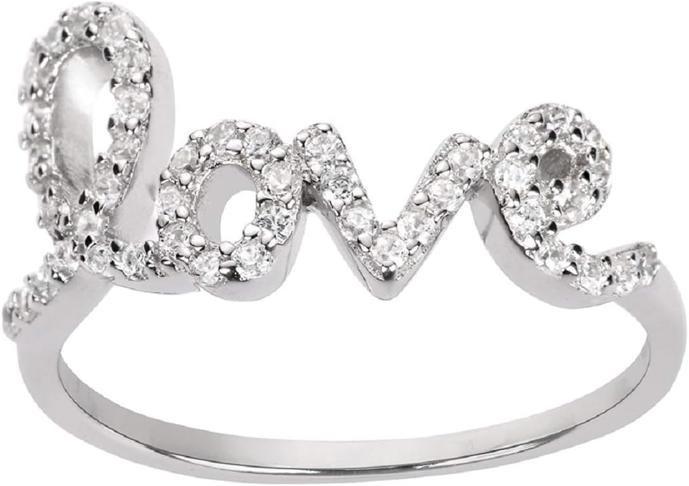 Cubic Zirconia Love in Script Ring Sterling Silver (Color Options Sizes 3-15)