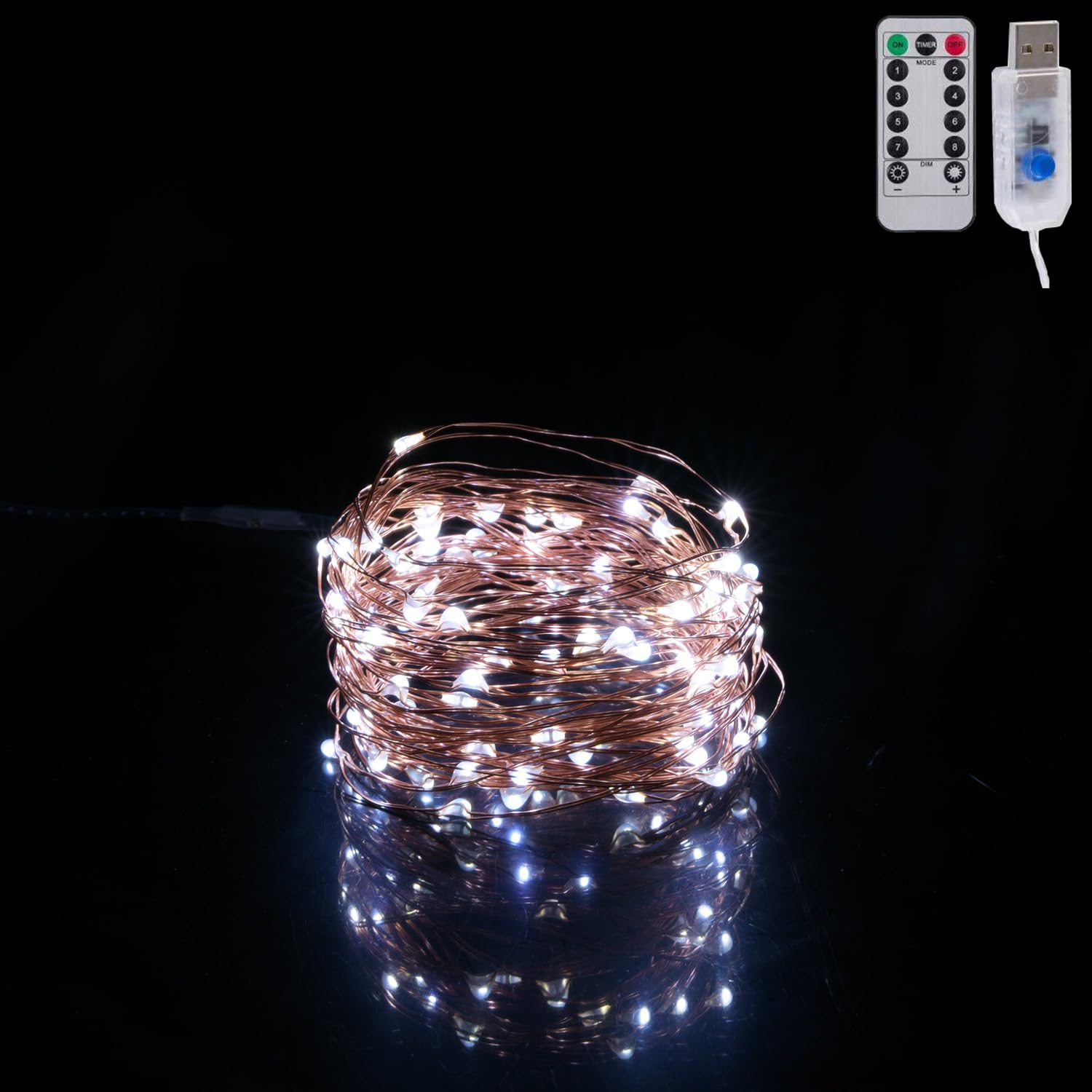 TuoTu USB Fairy Lights 33FT 100 LED USB Plug with Remote and Timer 8 Modes Outdoor Waterproof Starry Lights DIY Party Wedding Christmas Decoration (1, White)