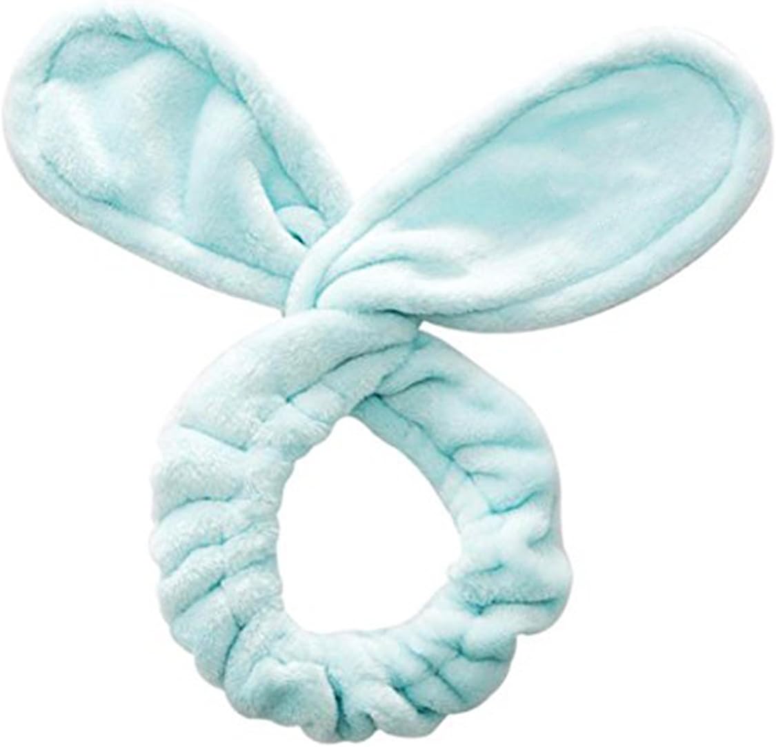 Headband by eFemme USA Velvet Elastic Bunny Ears - Spa Wash Face Makeup Facial Hair Band Wrap (Mint Green/Blue)