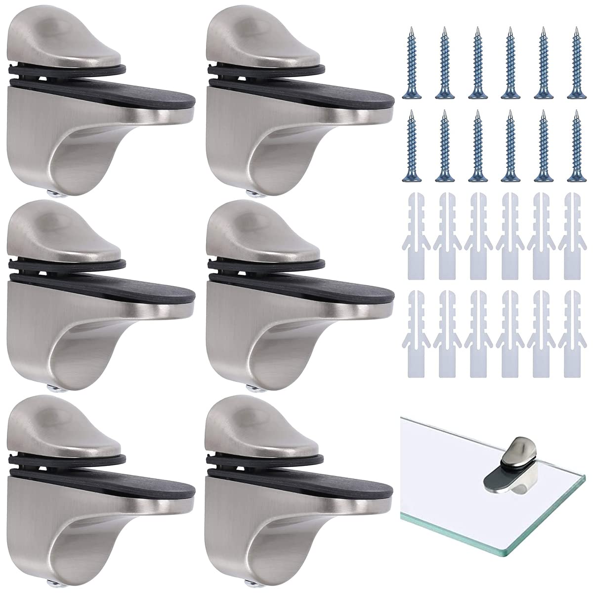 Zliger 6 Pcs Glass Shelf Bracket Wall Mount Glass Support Glass Clamp Zinc Alloy Adjustable Glass Shelf Support Heavy Duty Glass Shelf Bracket for Bathroom Living Room