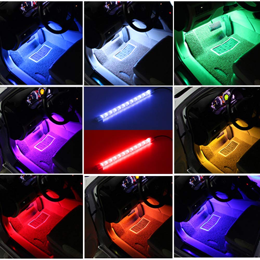 FICBOX Car LED Strip Lights, 4pcs 48 LED Multi Color Music Car Strip Light Under Dash Lighting Waterproof Kit with Sound Active Function and Wireless Remote Control,Car Charger Included