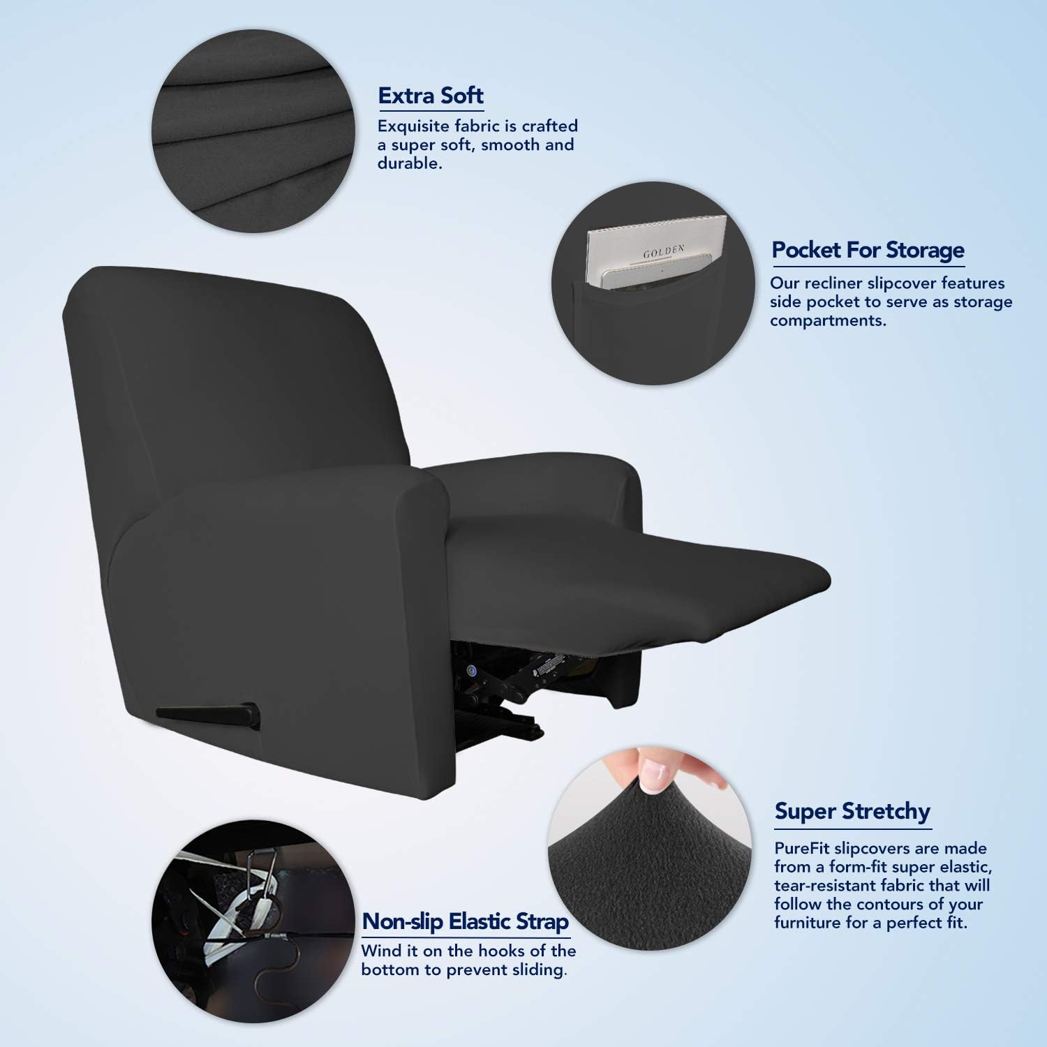 PureFit Super Stretch Chair Sofa Slipcover with Pocket – Spandex Non Slip Soft Couch Sofa Cover, Washable Furniture Protector with Elastic Bottom for Kids, Pets （Recliner， Dark Gray）: Kitchen & Dining
