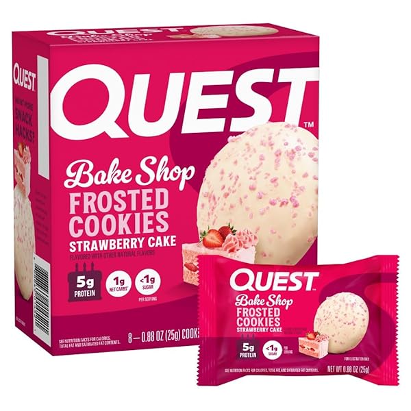 QUEST NUTRITION FROSTED PROTEIN COOKIES, STRAWBERRY CAKE, 1G SUGAR, 11G PROTEIN, 2G NET CARBS, GLUTEN FREE, 8 COUNT