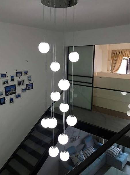 Moderno Escalera Lámparas De Araña Vidrio Bola Blanco Iluminación