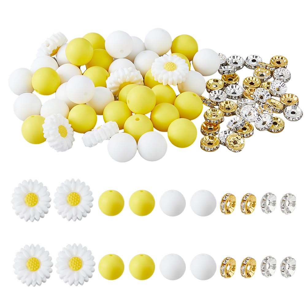 DICOSMETIC 78Pcs Daisy Flower & Round Silicone Beads Kit - 36Pcs Round, 6Pcs Daisy, 36Pcs Spacer Beads - Yellow & White - DIY Jewelry Making Kit