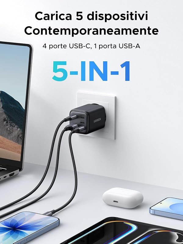 45W Caricatore USB C Ricarica Rapida 5 Porte GaN Spina da Parete