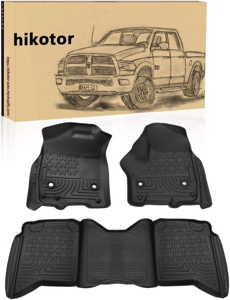 HIKOTOR Black Weatherbeater Front & 2nd Seat Floor Liners/Floor Mats - Replacement for Dodge 2009-2018 Ram 1500 Crew Cab,2010-2018 Dodge Ram 2500/3500 Crew Cab๏ผ2019 Dodge Ram 1500 Classic Crew Cab