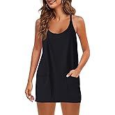 Panadila Womens Summer Sleeveless Mini Dress V Neck Spaghetti Strap Sundress Athletic Short Dress with Pockets