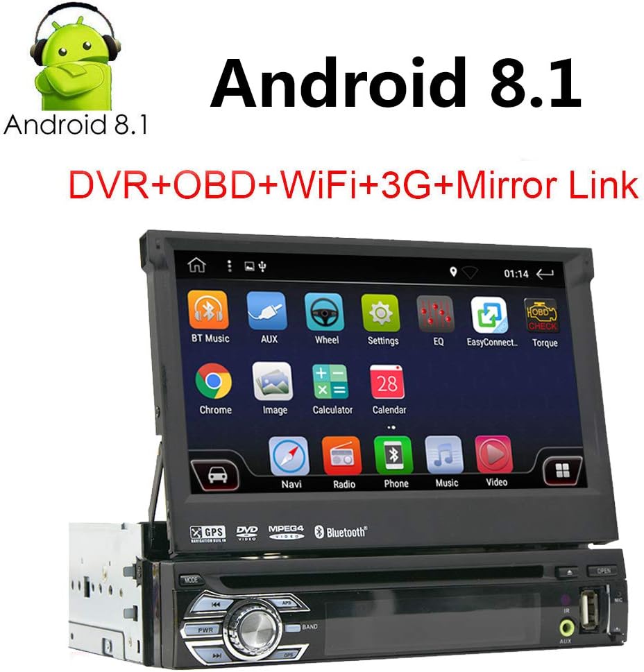 Android 8.1 GPS Navigation for Car Single 1Din in-Dash Car Stereo Audio Video Receiver System Head Unit 7 Inch Capacitive Flip Out Touch Screen Mirror Link Bluetooth WiFi USB/SD/AM/FM/MP5 Car Radio