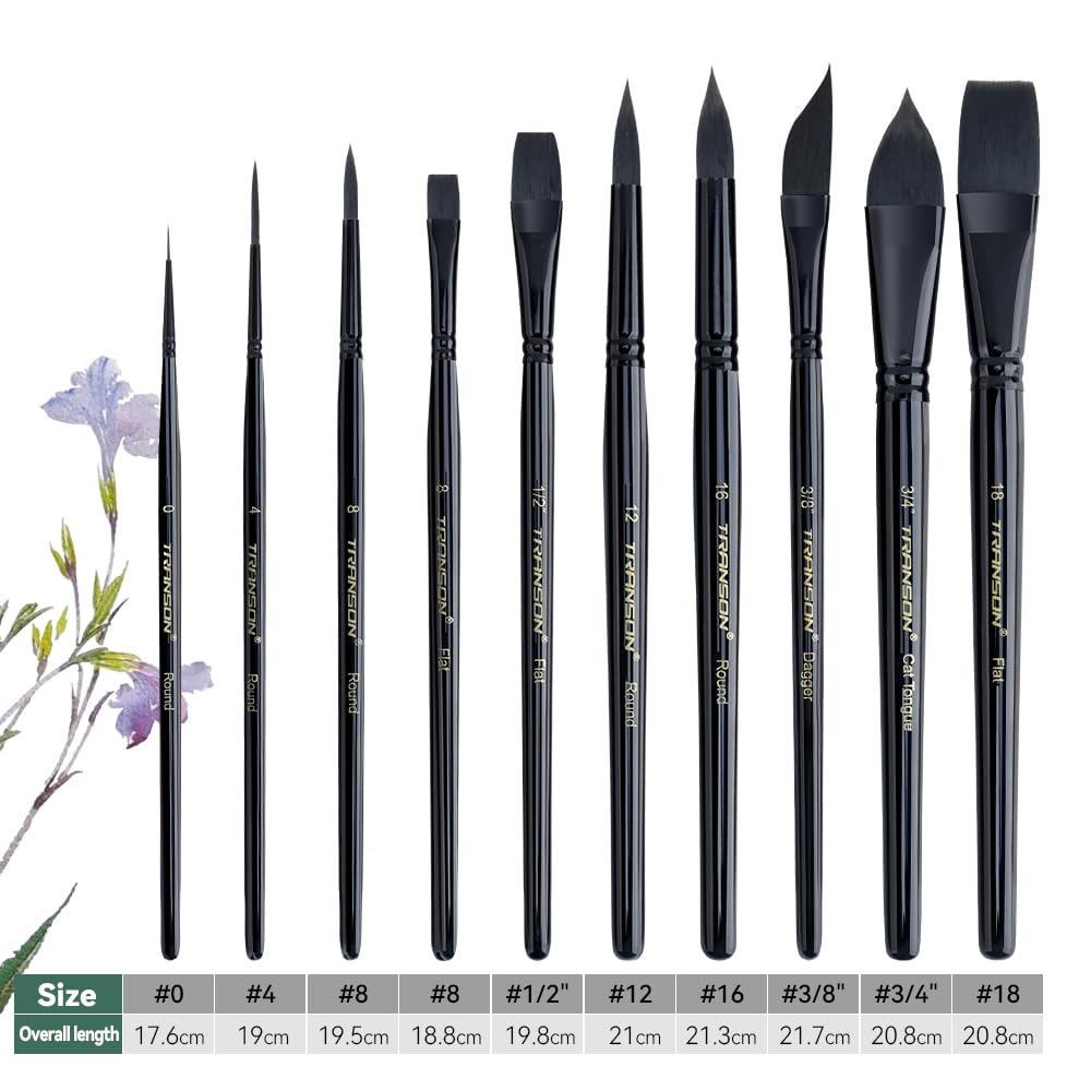 Transon 10pcs Natural Watercolor Paint Brush Set Professional for Watercolor Acrylic Ink Gouache Tempera