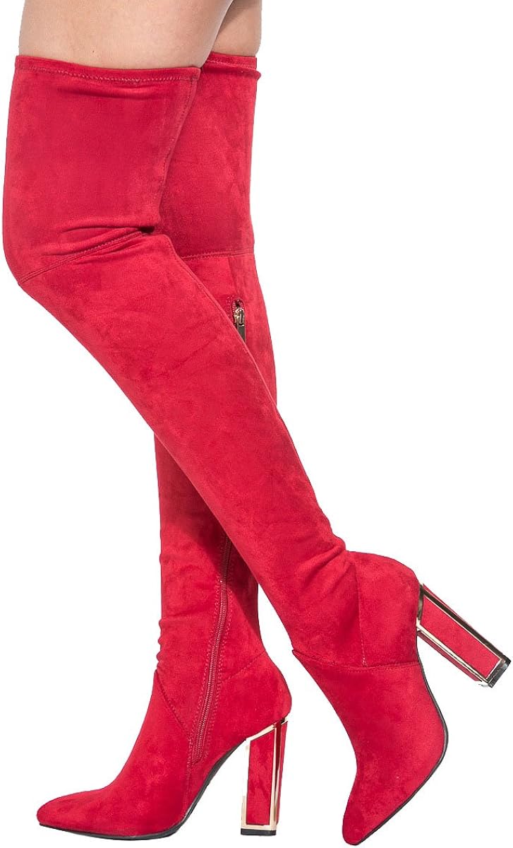 red thigh high boots block heel