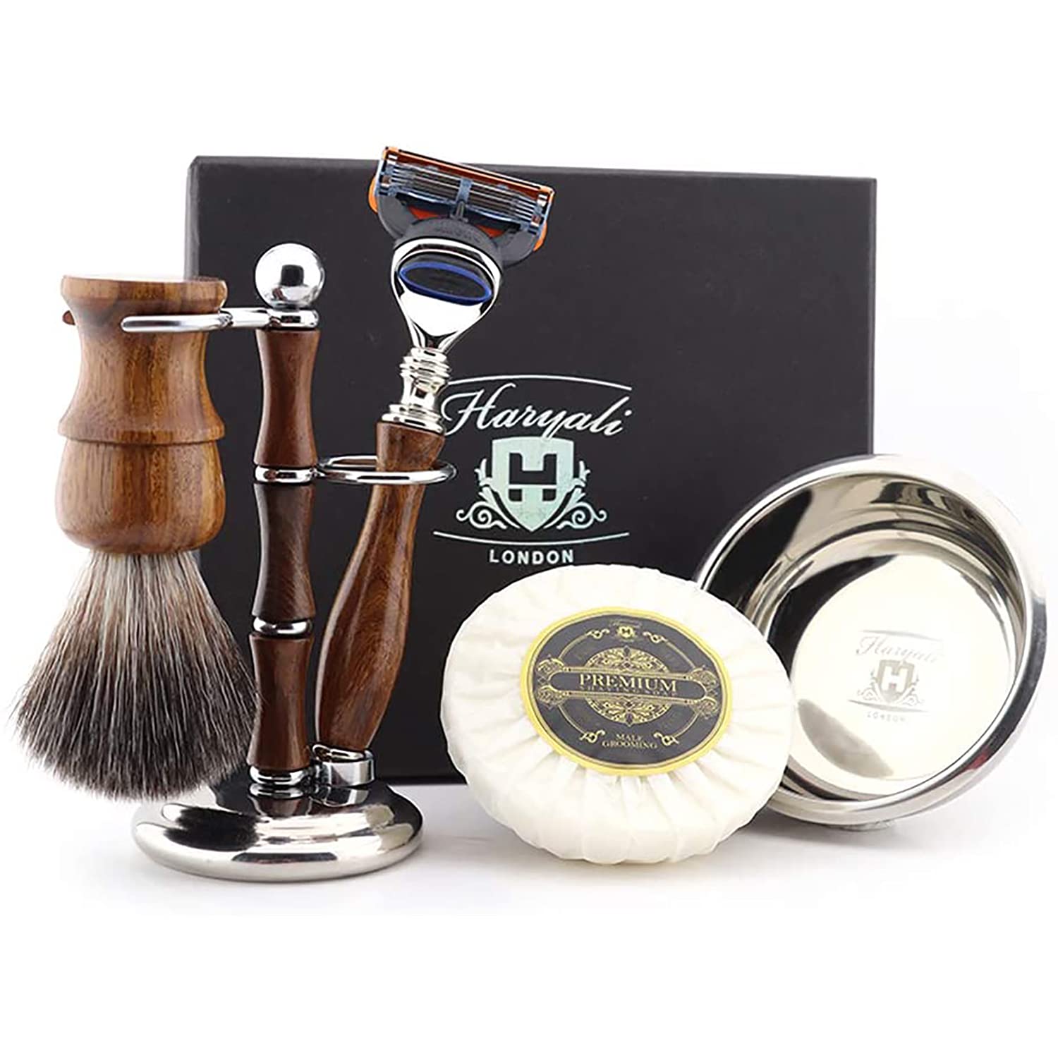 Haryali London, 5 Pcs Wooden Shaving Kit for Men – 5 Edge Razor Set with Pure Badger Hair Shaving Brush, Shaving Stand & Shaving Soap – Wet Shaving Gift, Mens Grooming Kit Gift Set.