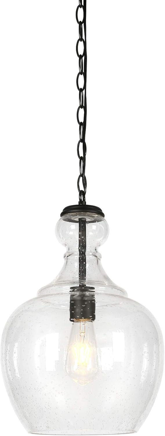 Henn&Hart PD0272 Industrial 1 Contemporary Blackened Bronze with Seeded Glass Shade for, Kitchen, Dining, Living Room, Foyer Pendant Light, Black: Home Improvement