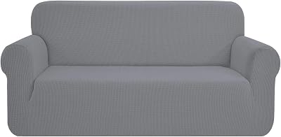 SAMSTEX 3 Seater Sofa Cover Light Grey 1-Piece Stretch Knit Slipcover