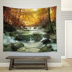 Rocky Waterfall in The Forest During Fall Time - Fabric Tapestry, Home Decor - 51x60 inches