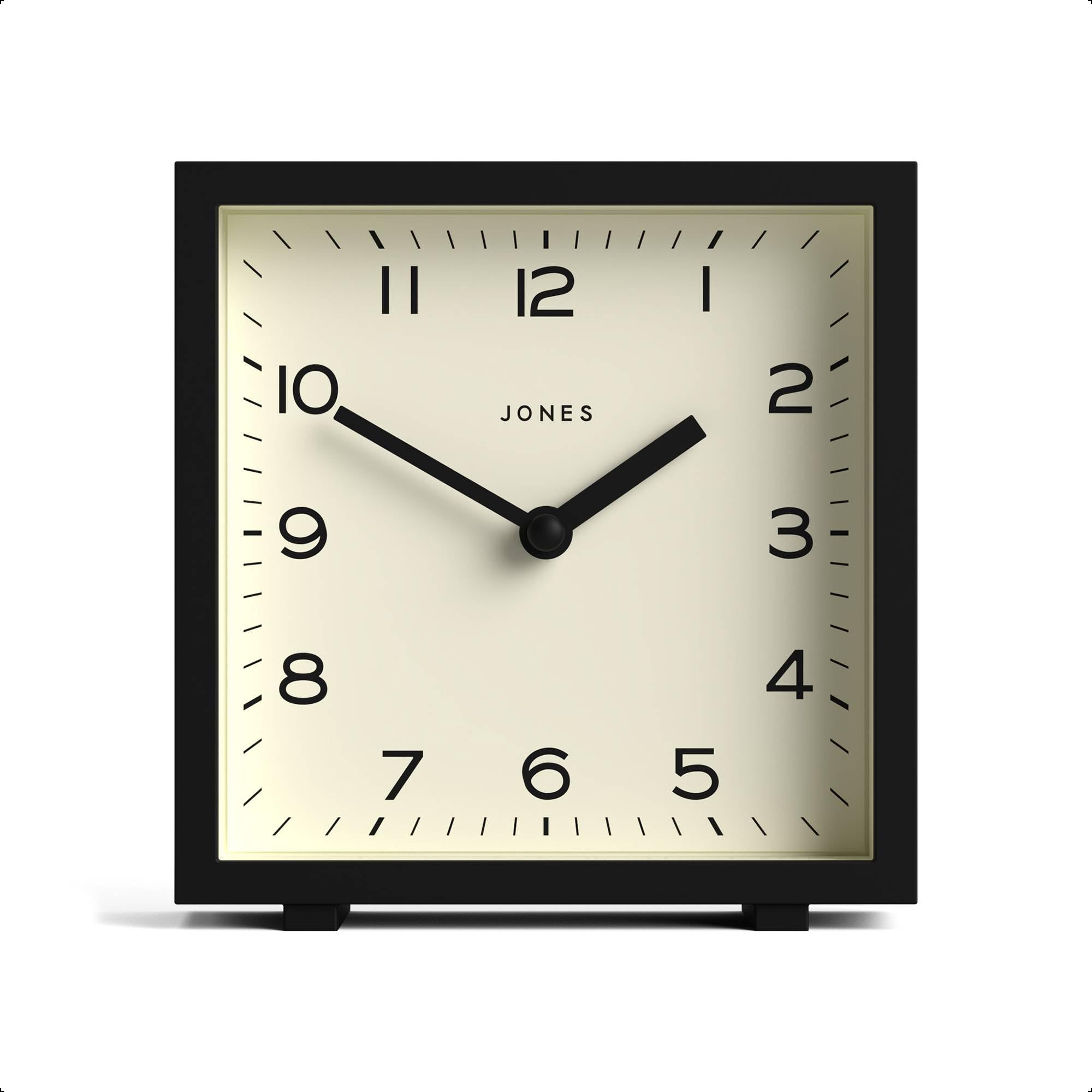 Jones Clocks® Disco desk clock | Sleek square design | Black | Stylish and easy to read for shelf, table, mantel or bedside