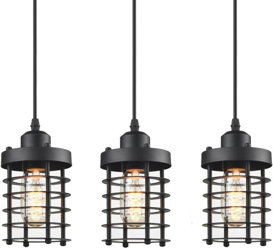 WINSOON 3 Pack Pendant Light Fixture Mini Rustic Metal Cage Hanging Lighting (Black, 3Pack) - - 