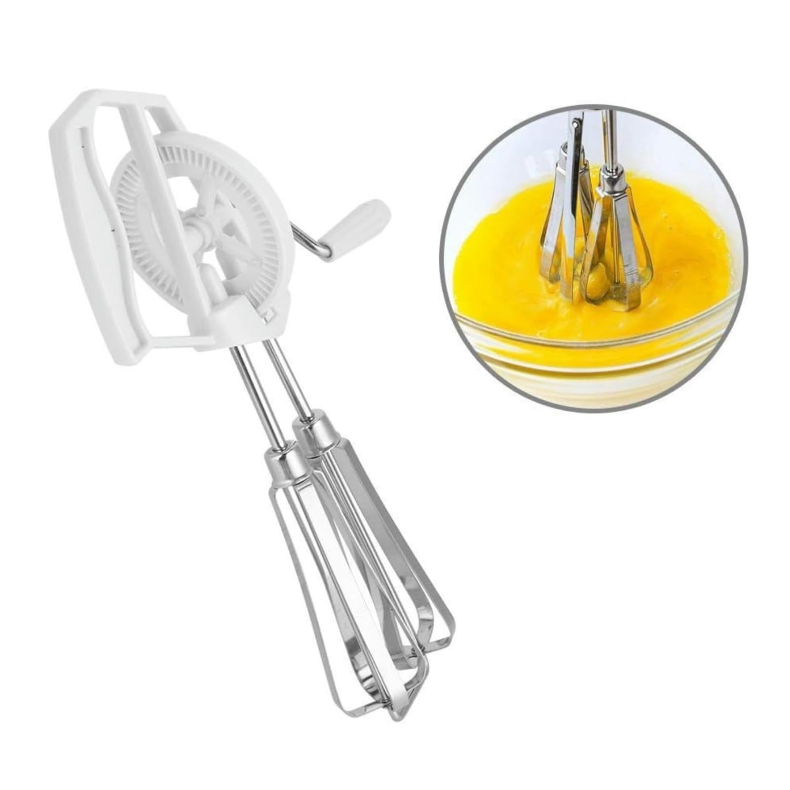 VIFER Rotary Hand Whisk Stainless Steel Hand-Held Egg Beater Manual Rotary Kitchen Mixer Hand Push Whisk Blender for Whisking Beating Stirring, White