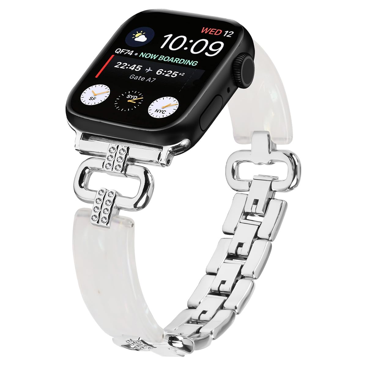 Miimall Resin Strap for Apple Watch Series 11 10 9 8 7 6 5 4 Ultra SE 3 2 1, Bling Metal Strap for iWatch 42mm 41mm 40mm 38mm, Lightweight Slim Glitter Band for Women Ladies-White/Silver