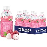 Mogu Mogu Lychee Juice Drink with Nata de Coco (Coconut Jelly) &ndash; Chewy Fruit Beverage for Kids &amp; Adults, 6 Pack Bottles, 10.82 fl oz Each