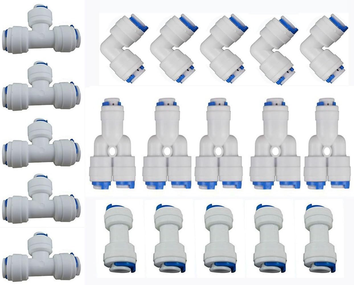 Neeshow 1/4" OD Quick Connect Push In to Connect Water Tube Fitting Set Of 20 (Y+T+I+L Type Combo)