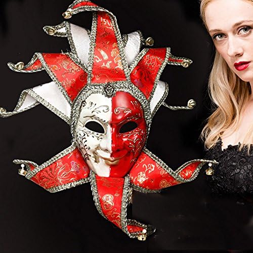 Hand Painted Full Face Jester Jolly Joker Red Venetian Masquerade Wall Mask Carnival Costume Mask w/ Bells Mardi Gras