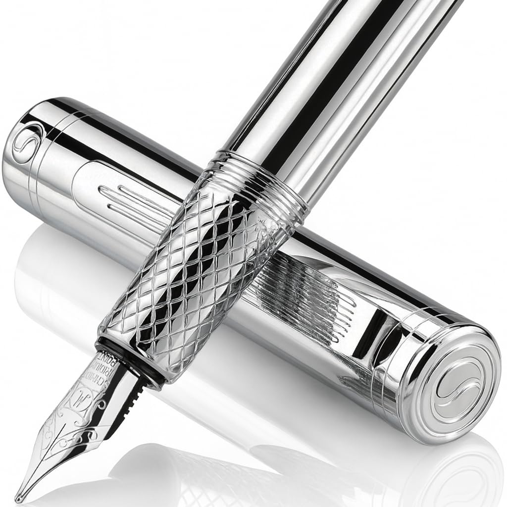 Scriveiner Silver Chrome Fountain Pen (Medium), Award Winning Luxury Pen, Heavy Pocket Pen, Chrome Finish, Schmidt Nib, Converter, Best EDC Writing Pen Gift Set for Men & Women