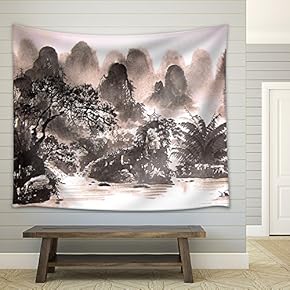 Chinese Landscape Watercolor Painting - Fabric Wall Tapestry Home Decor - 51x60 inches