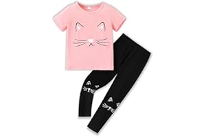 TOGRIELAN 4-8T Toddler Girl Clothes Cat face print Short Sleeve Top+Pants Outfits Girl Spring and summer 2-Piece Set