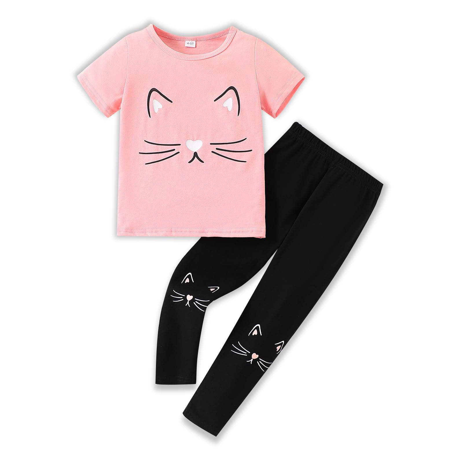 Photo 1 of 4-8T Toddler Girl Clothes Cat face print Short Sleeve Top+Pants Outfits Girl Spring and summer 2-Piece Set(7-8T)