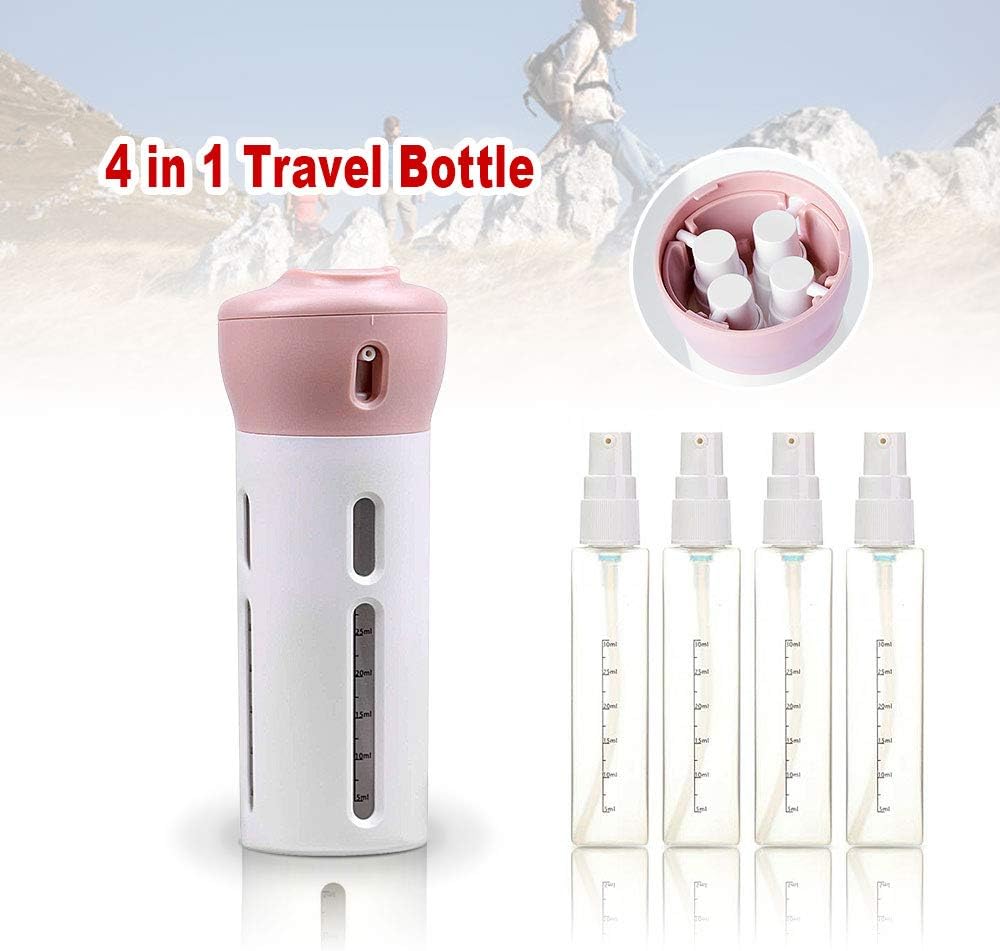 4 in 1 Travel Dispenser Bottle| Refillable Liquid/Lotion Shampoo Gel Dispenser Container Kit - Reusable Organized Leak Proof Travel Toiletries Bottle for Makeup Travel Supplies w/Label (Gray,Pink)