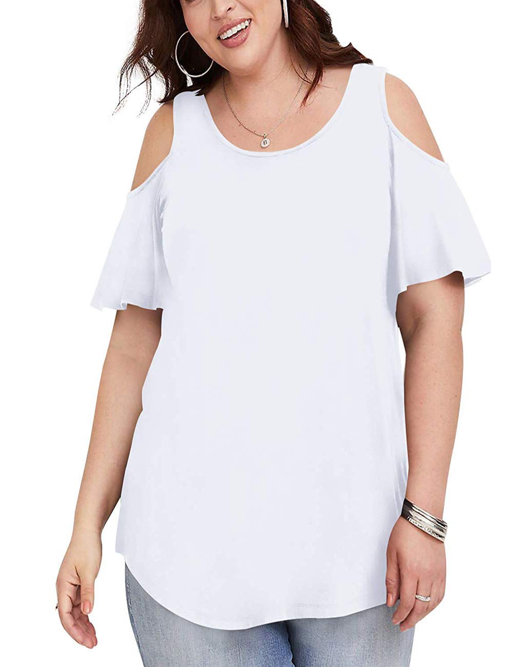 Womens Plus Size Tops Short Sleeve V Neck Cold Shoulder T Shirts for Teens Ladies White