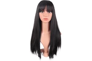 MapofBeauty 24 Inch/60 cm Women Long Straight with Flat Bangs Synthetic Hair Heat Resistant Fiber Hair for Party Cosplay Wig 