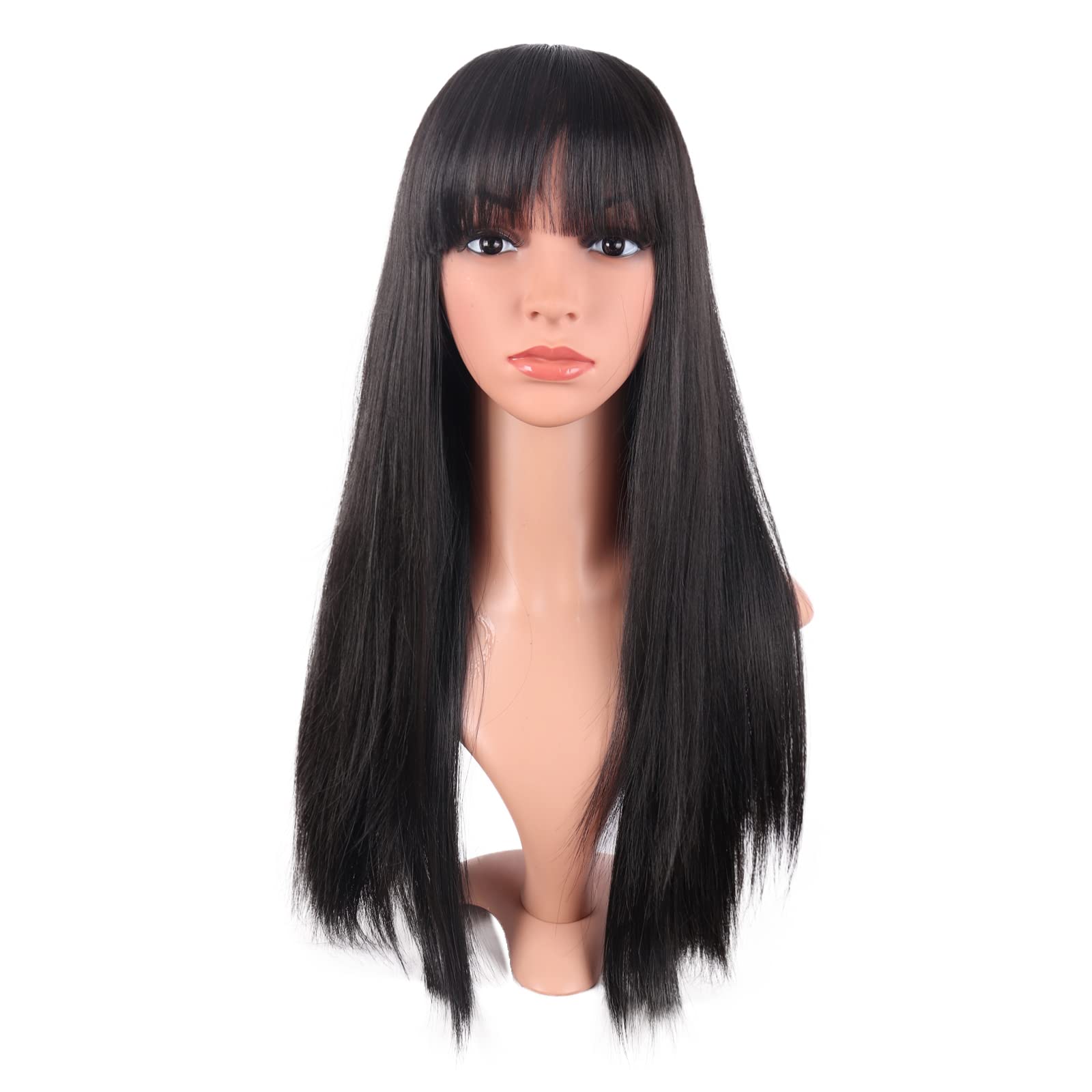 MapofBeauty 24 Inch/60 cm Women Long Straight with Flat Bangs Synthetic Hair Heat Resistant Fiber Hair for Party Cosplay Wig (Brownish Black)