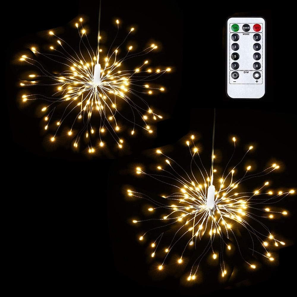 Lyhope 2 Pack Fairy Lights, 120 Led 8 Modes Battery Operated Starburst Lights, Waterproof Dimmable Decorative Starry Lights with Remote Control for Home,Wedding,Party,Patio,Xmas Decor (Warm White)
