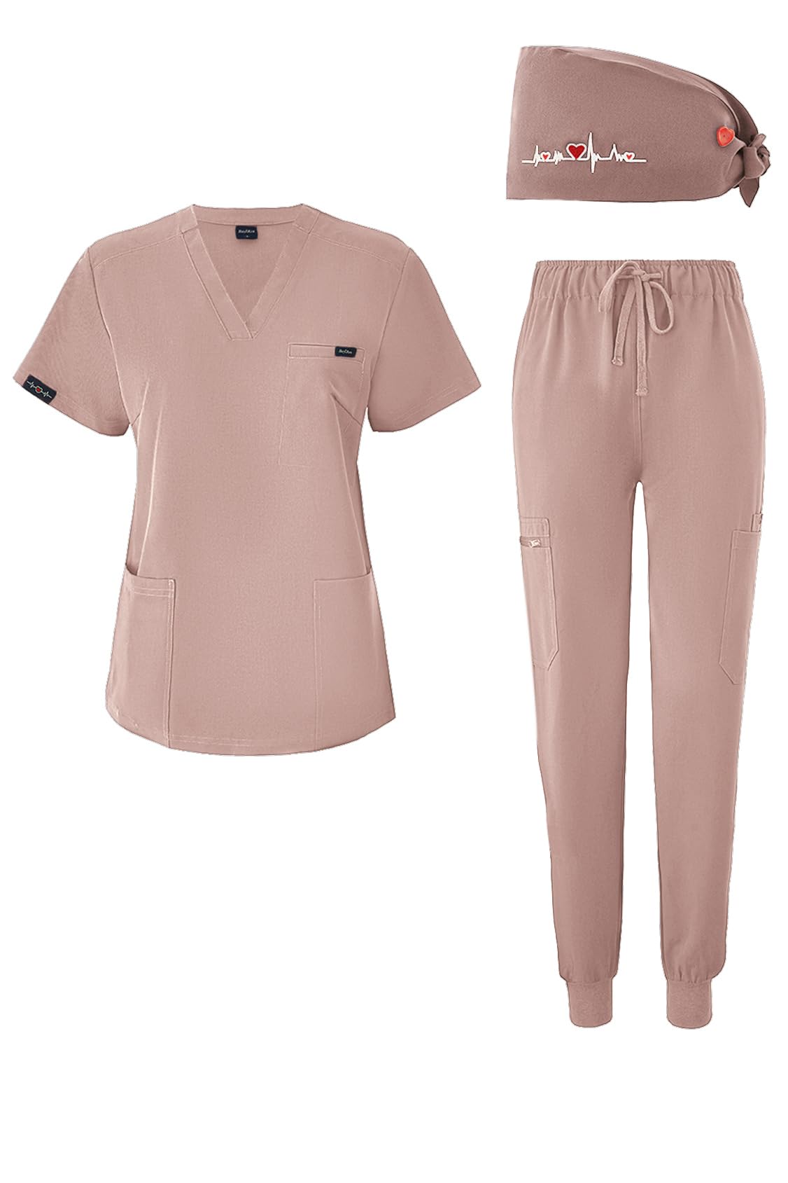 Photo 1 of BuyiRen Women's V-Neck Scrubs Set With Cap, Stretchy Top and Jogger Pants, 11 Pockets Nursing Uniform Pink US 12-14
