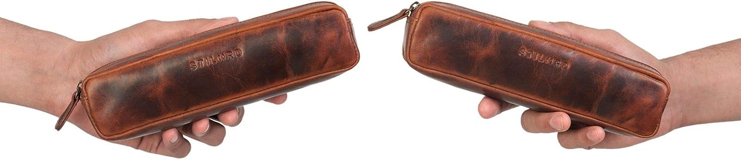 STILORD "Preston" Pencil Case Leather Vintage Pen Pouch Round Organiser Gift for Women Men Stationary Slim in Genuine Leather Colour:Kara - Image 3