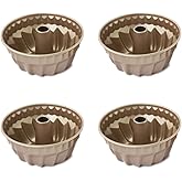 QJFCare 4 Inch Nonstick Mini Fluted Tube Cake Pan, 4 Pack Carbon Steel Fluted Tube Cake Pans, Mini Oven Baking Mold Mould Bakeware for Kugelhopf, Cake, Brownie, Jello, Bavarois - Gold