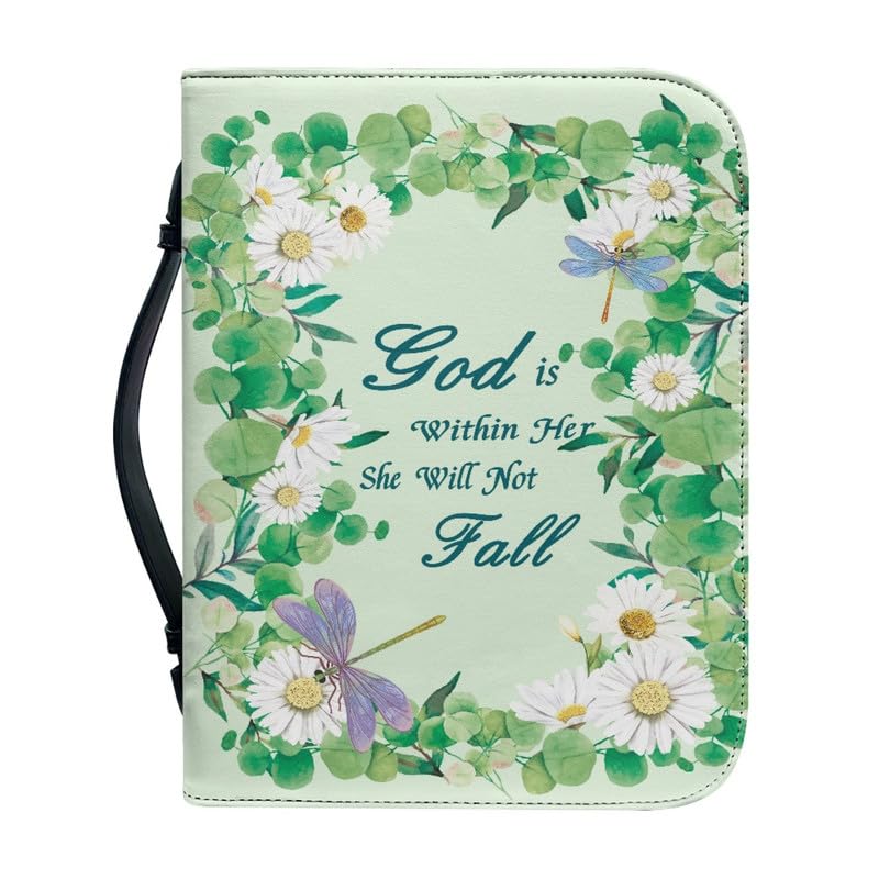Garronmavis Daisy Dragonfly Green Plant Women's Bible Cover White Flower Bible Bag Floral Insect Bible Case for Pilgrimage - M