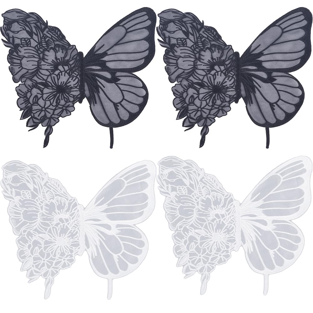 GORGECRAFT 4Pcs 2 Colors Butterfly Embroidered Sew on Patches Black White Decorative Butterflies Lace Applique Fabric for Wedding Bridal Dress Clothing Jackets Backpacks T Shirt Repair Decor