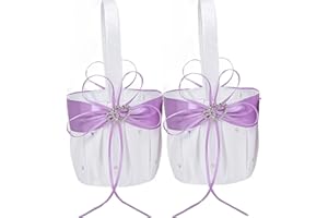 YUUDAR 2PCS Wedding Flower Girl Baskets,White Satin Flower Storage Basket with Double Heart Rhinestone Craft for Engagement Ceremony Party Decor (Lavender)