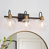 KSANA Farmhouse Bathroom Light Fixture, Modern Black Gold 3-Light Vanity Light with Opening Clear Glass Shade, Modern Antique