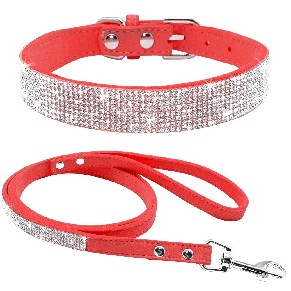 haoyueer Cute Dazzling Sparkling Elegant Fancy Soft Suede Leather Bling Rhinestone Crystal Jeweled Pet Cat Dog Puppy Collar Dog Leash Combo Set (M, Red) โ image 1