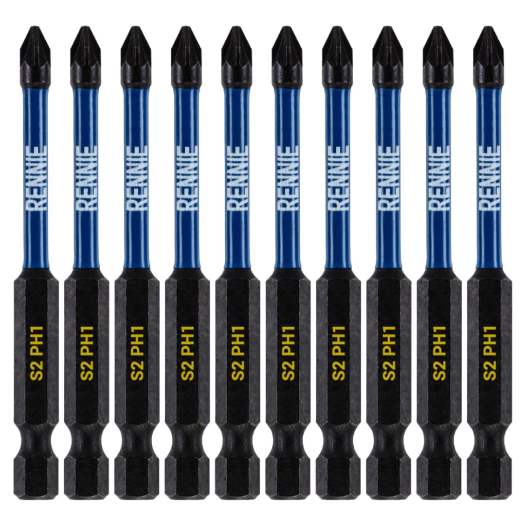 10 x Rennie Tools 75mm Long PH1 Impact Screwdriver Driver Bits Set. Magnetic Phillips No.1 Heavy Duty Impact Driver Bit Set. PH1 Bits. Hex Shank, Cross Head. Black Oxide Coated