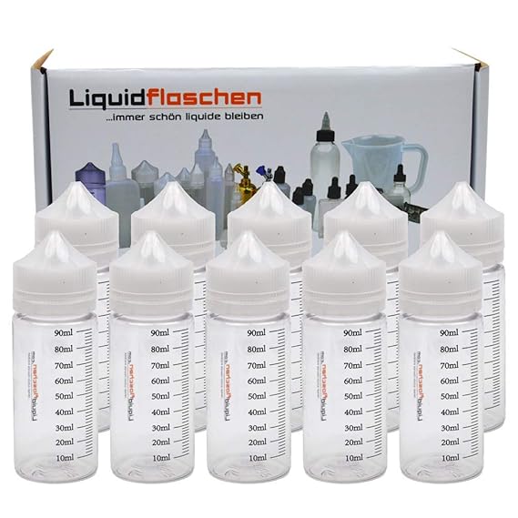 10 x 100ml Liquidflaschen aus PET mit abdrehbarer Spitze und SKALA inkl. 10 Etiketten - Leerflaschen, Kunststoffflaschen, Uni